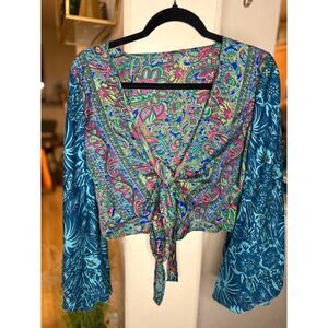 Vintage Women's BOHO patchwork silk wrap blouse with bell sleeves one- size